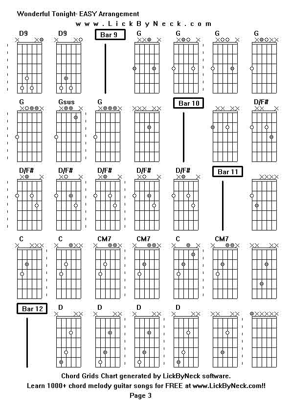 Chord Grids Chart of chord melody fingerstyle guitar song-Wonderful Tonight- EASY Arrangement,generated by LickByNeck software.